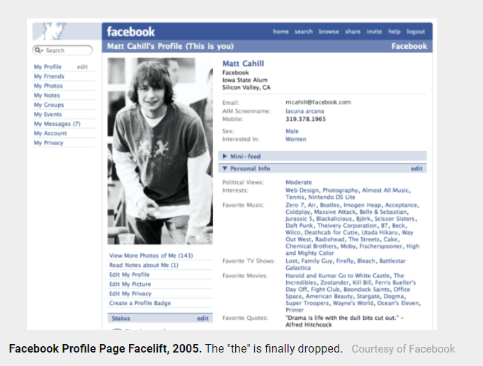 An early layout of Facebook, one of the largest social media platforms from Web 2.0