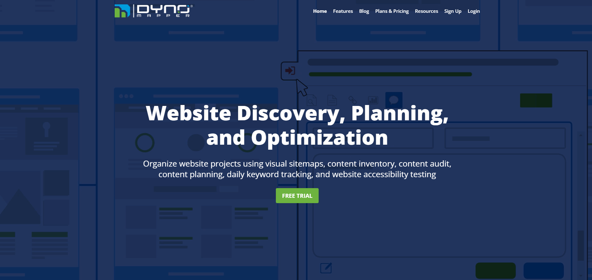 A Dyno Mapper webhelytérkép-készítő nyitóoldala