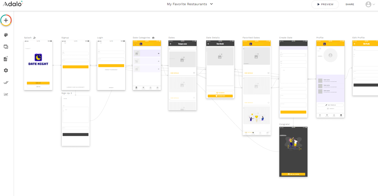 Adalo no-code workspace with multiple screens