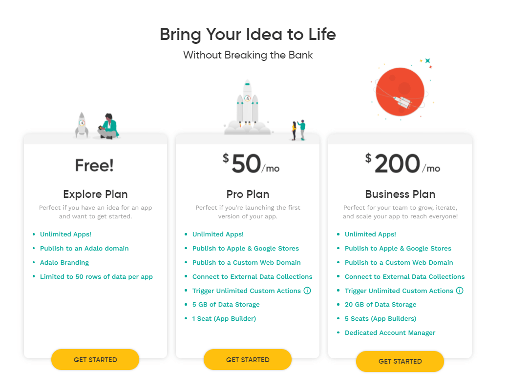 pricing plans for adalo no-code app builder