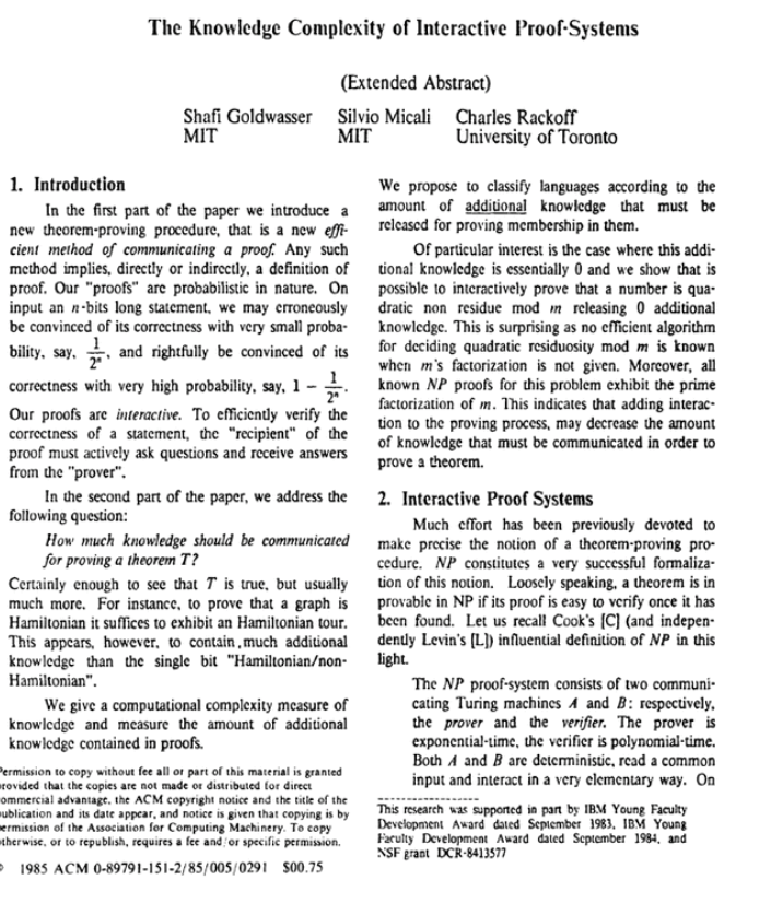 zero-knowledge proofs first defined in a 1985 MIT paper