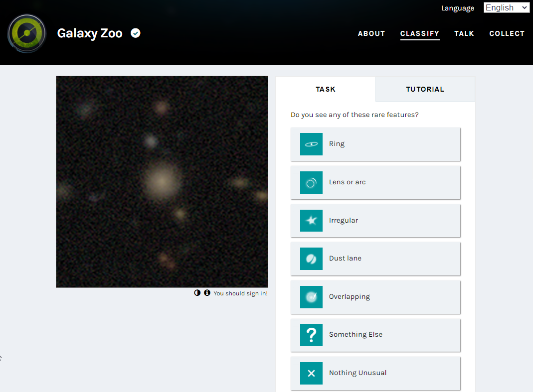 Galaxy zoo asking the user to identify unique features 