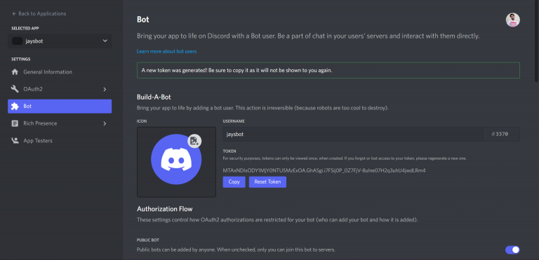 Генерация и копирование токена