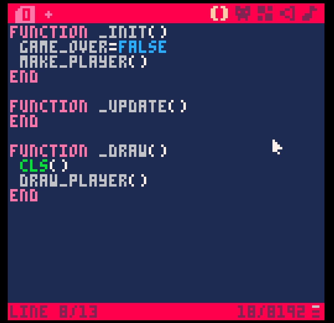 PICO-8 тоглоомын гогцоо нь шинэчлэх, зурах функцийг агуулдаг