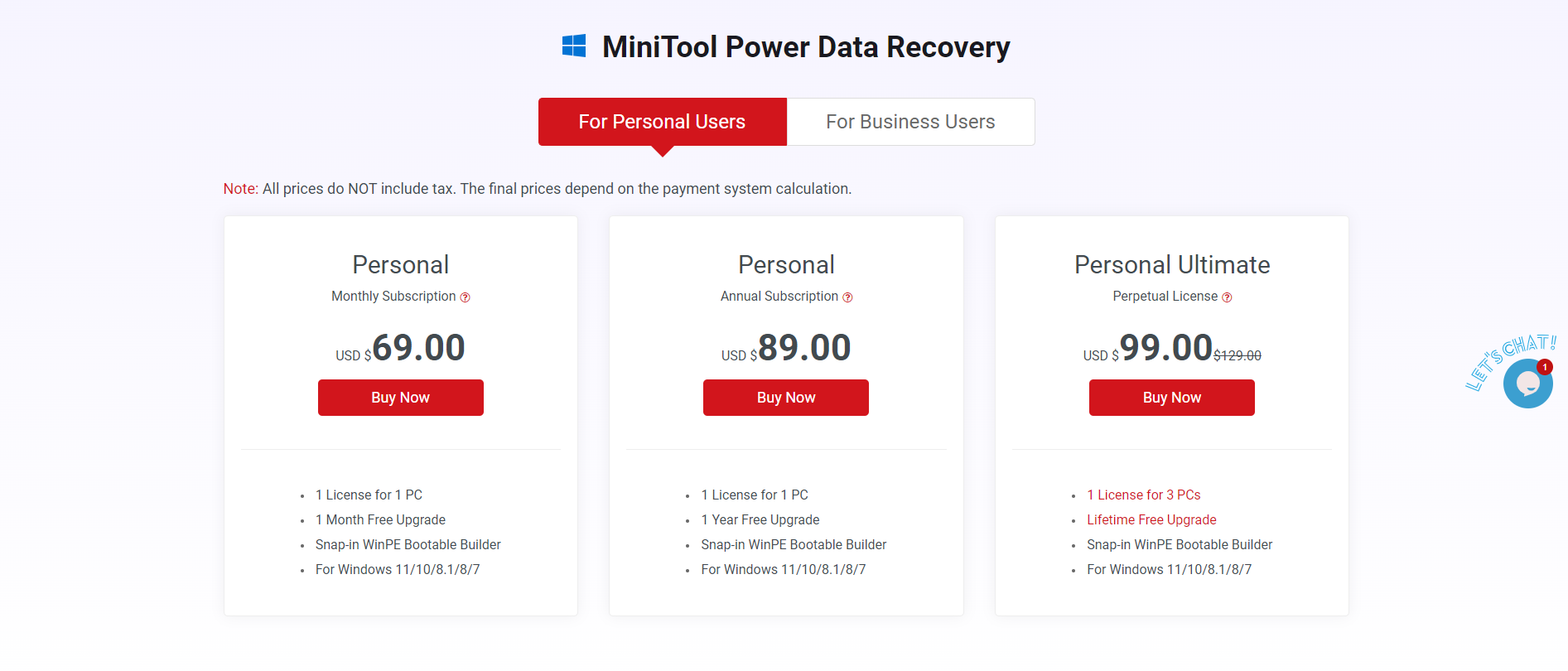 Pagpepresyo ng MiniTool Power Data Recovery Software