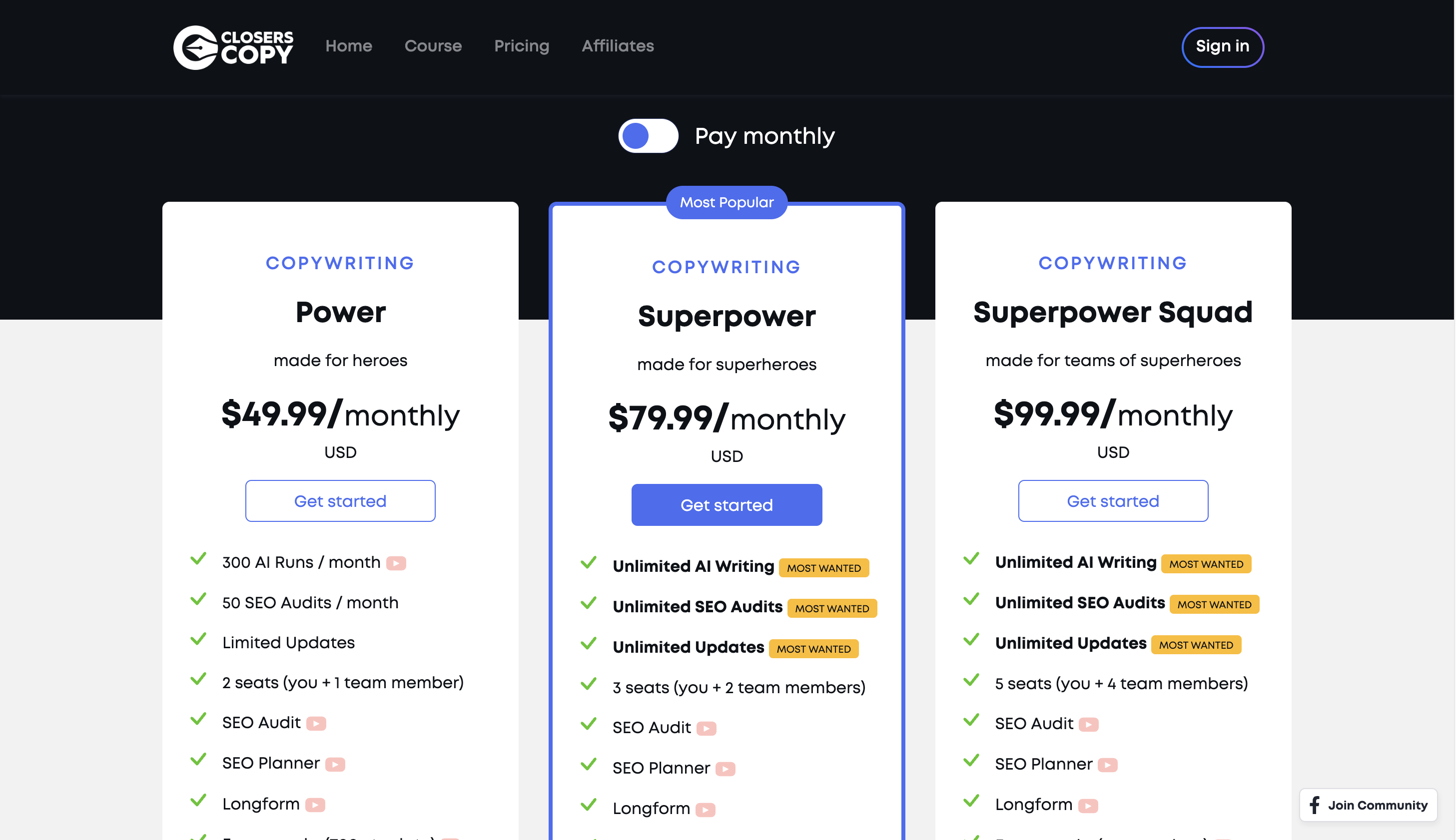 Closers Copy Pricing