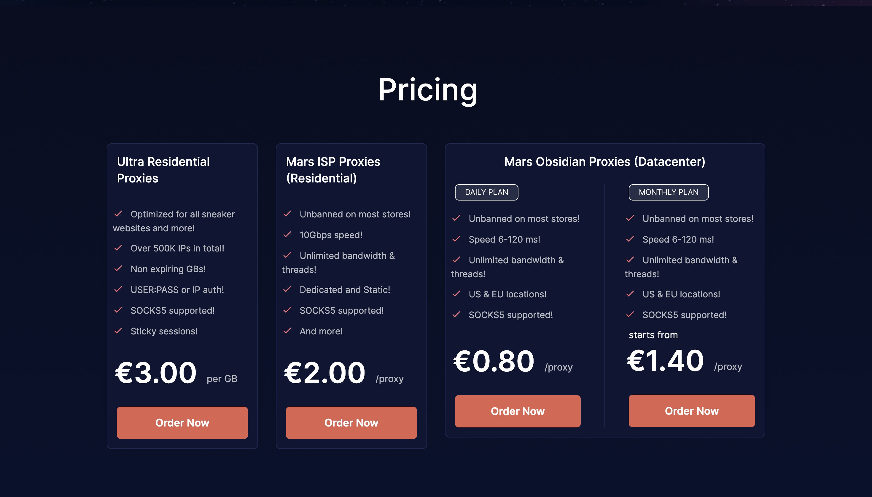 Mars Proxies Pricing