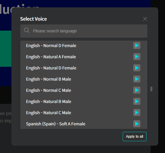 deepbrain AI includes hundreds of voices you can use for the text-to-speech feature