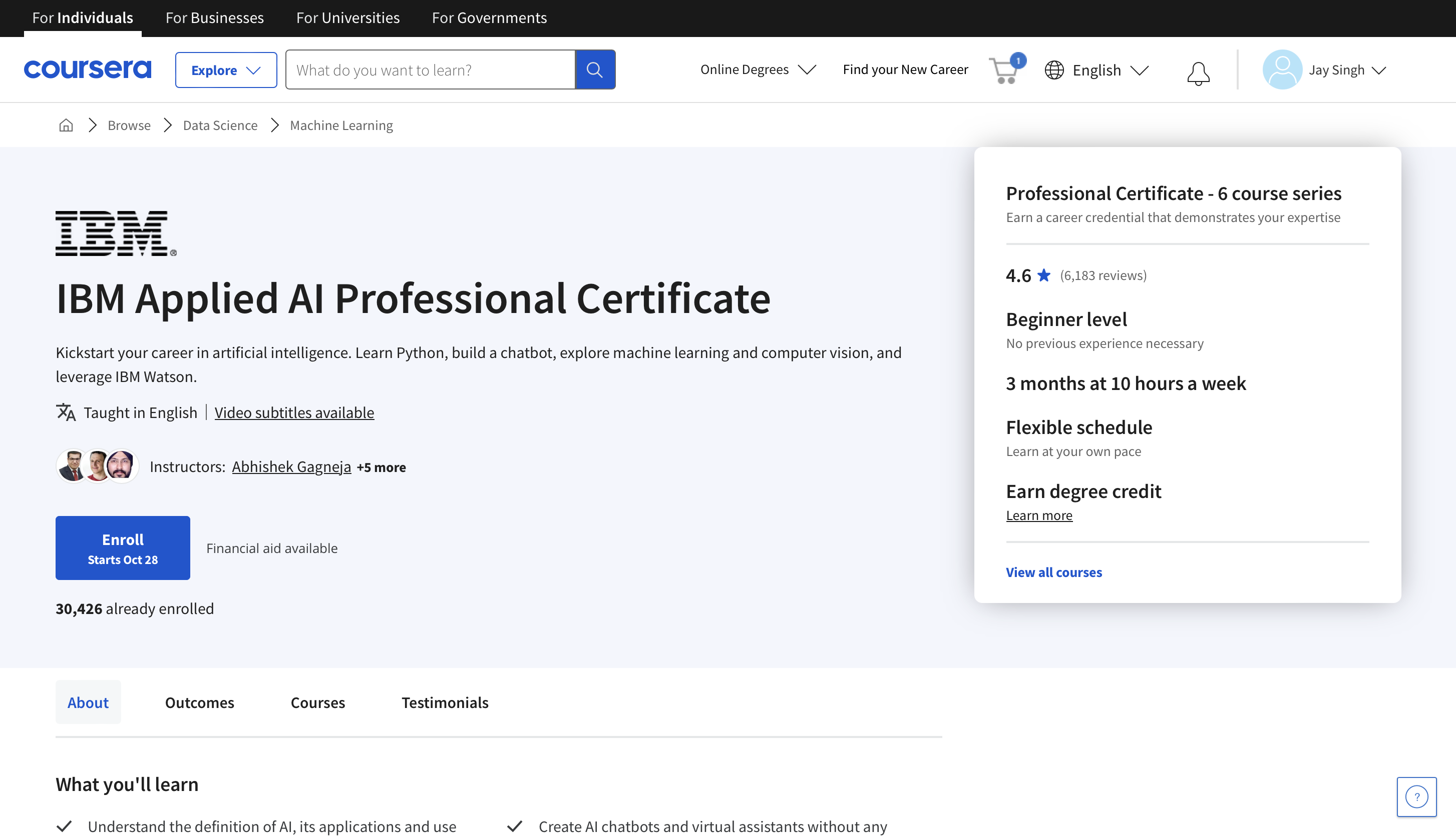 Certificat professional d'IBM Applied AI