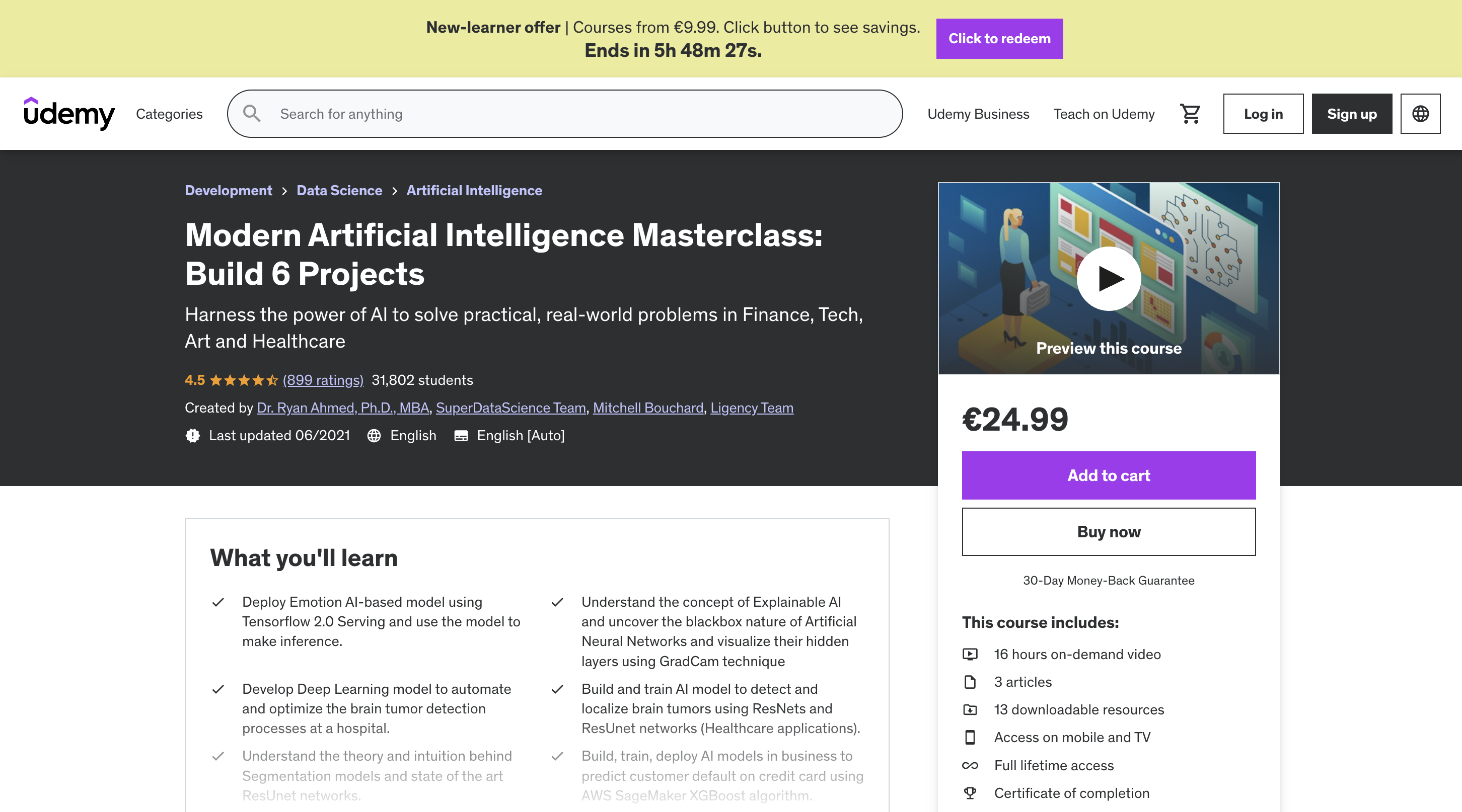 Modern Artificial Intelligence Masterclass